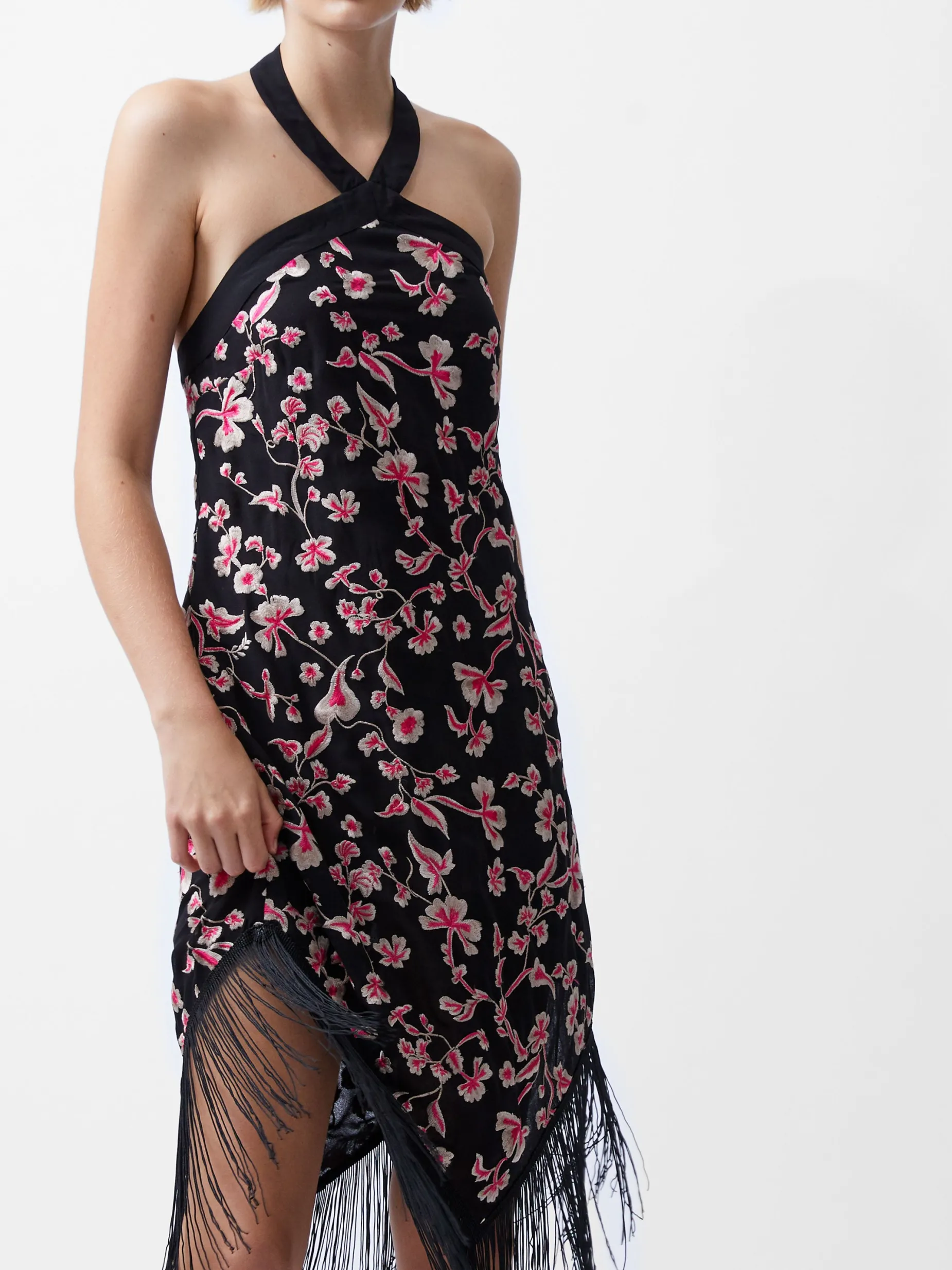 French Connection Dresses|Midi Dresses-Bryony Embroidery Fringed Halterneck Dress