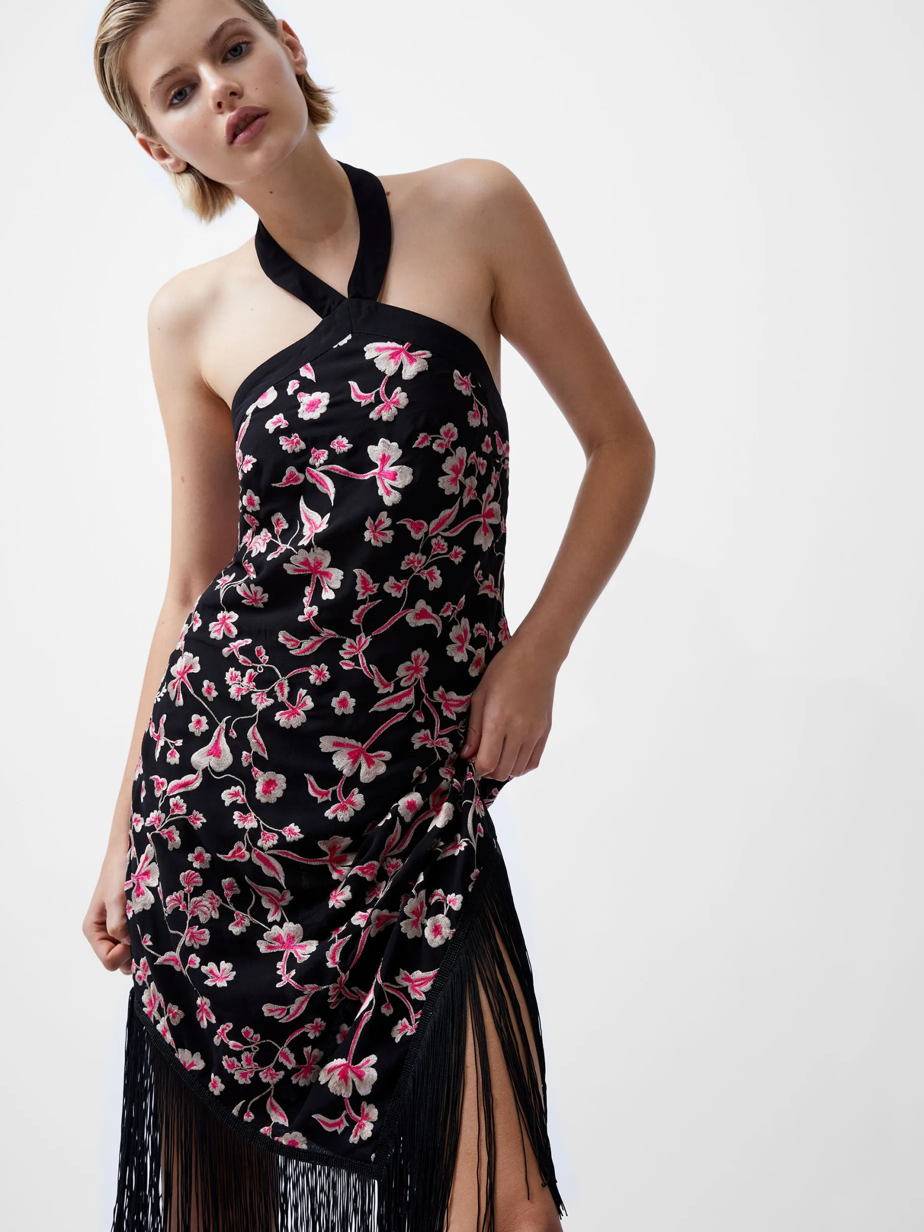 French Connection Dresses|Midi Dresses-Bryony Embroidery Fringed Halterneck Dress