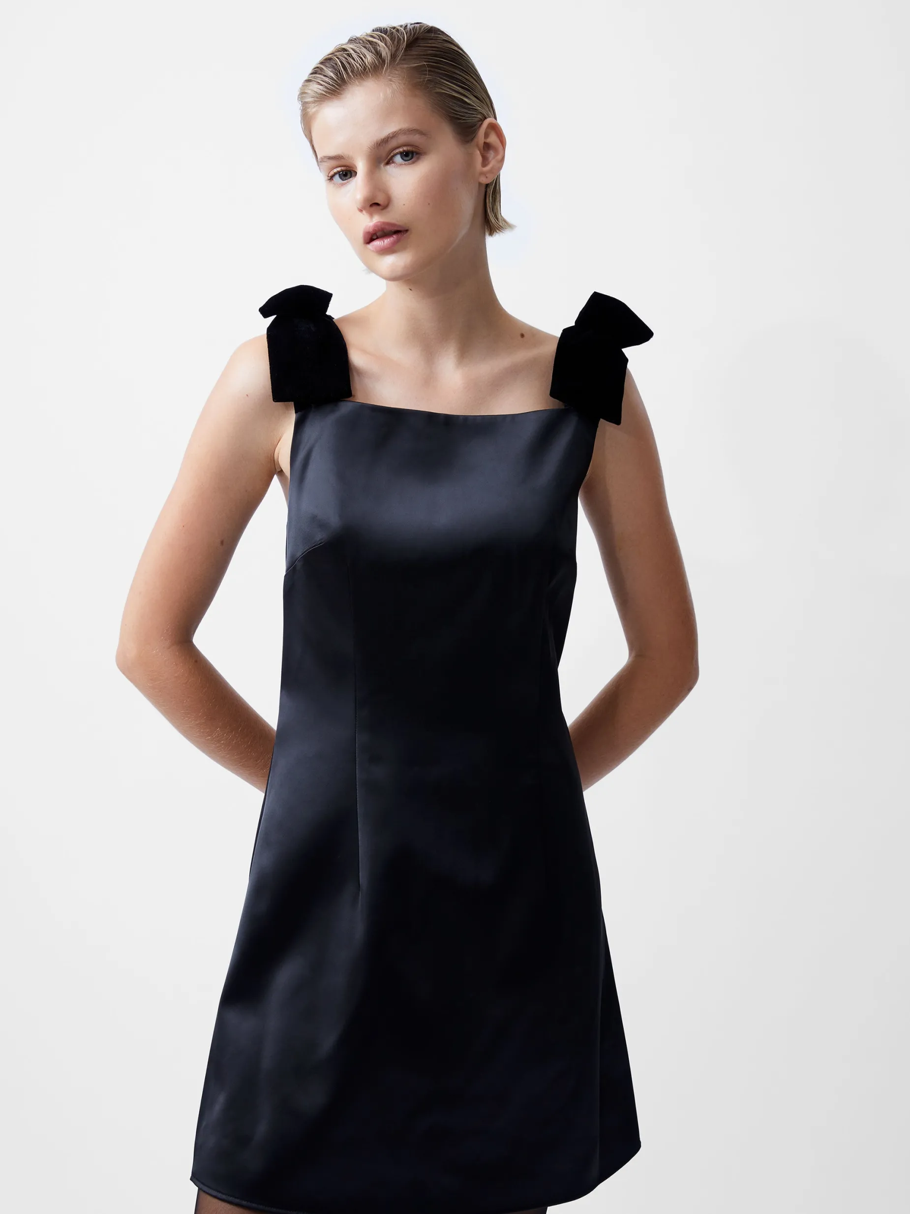 French Connection Dresses|Mini Dresses-Carey Velvet Bow Straps Satin Mini Dress