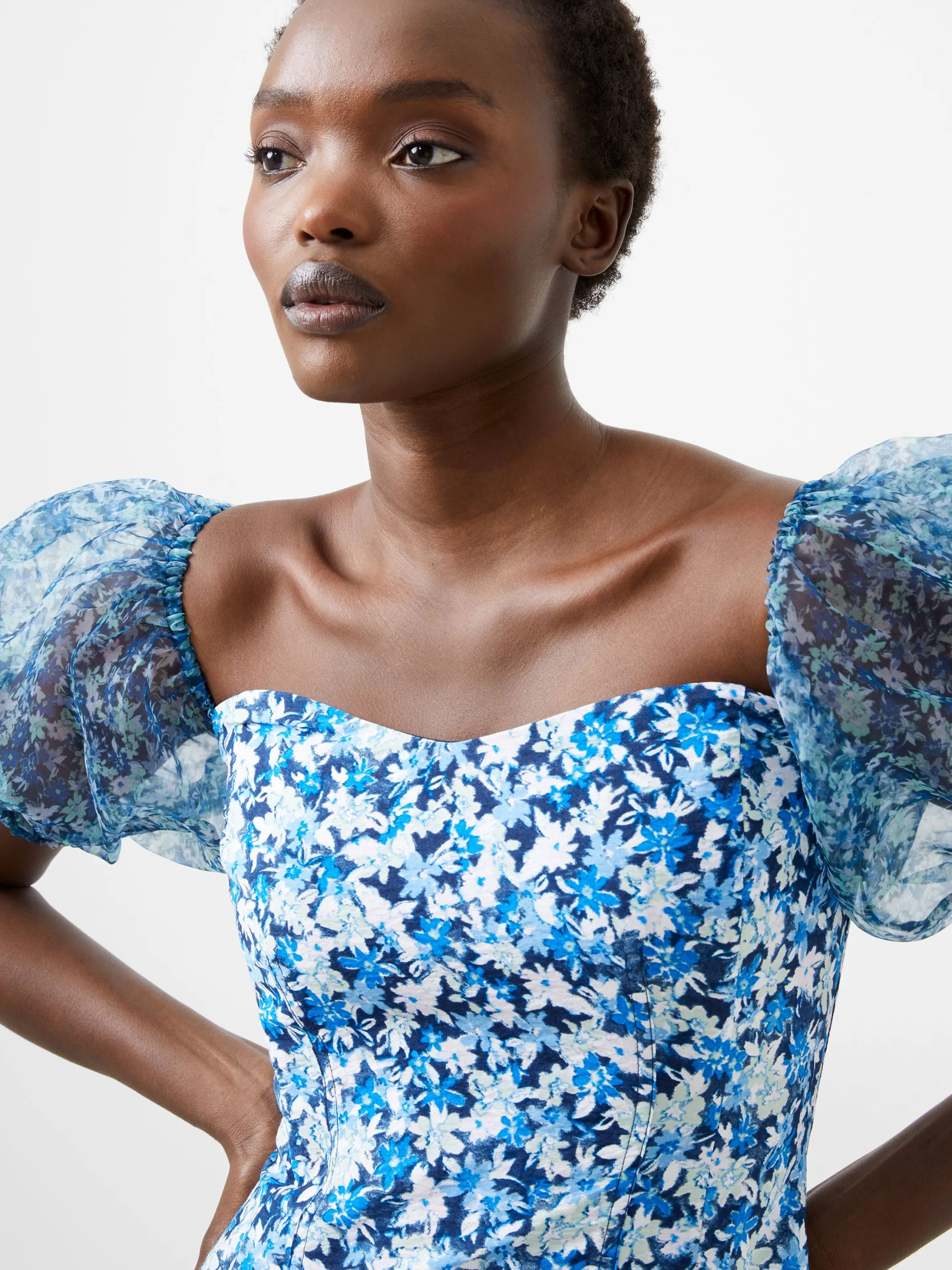 French Connection Party Dresses-Clara Textured Puff Sleeve Midi Dress