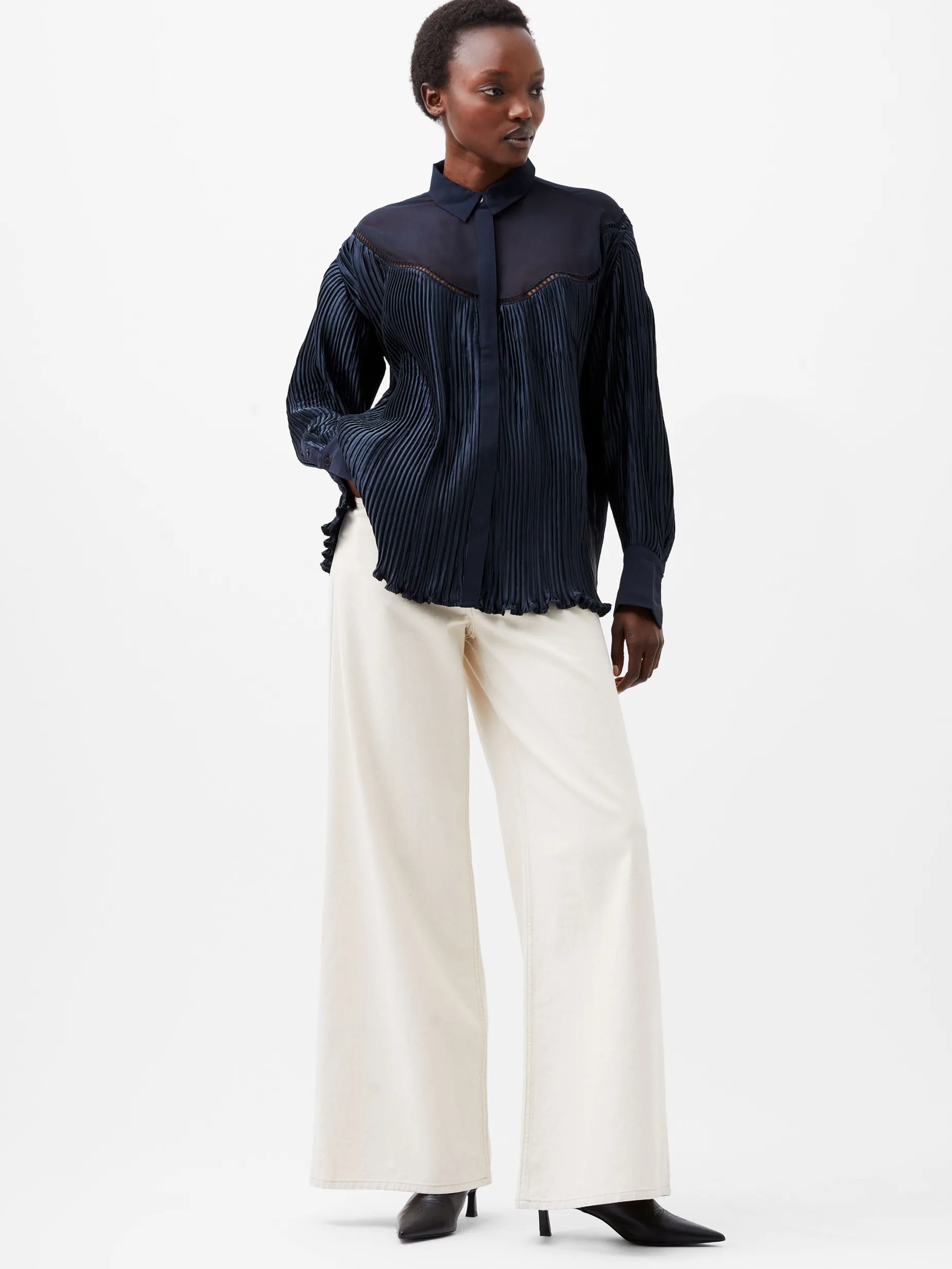French Connection Tops|Shirts-Crina Crinkle Satin Georgette Mix Shirt
