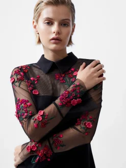 French Connection Dresses|Mini Dresses-Darcy Embroidered Long Sleeve Mini Dress