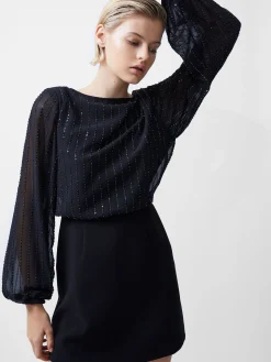 French Connection Dresses|Mini Dresses-Effy Sequin Slash Neck Long Sleeve Dress