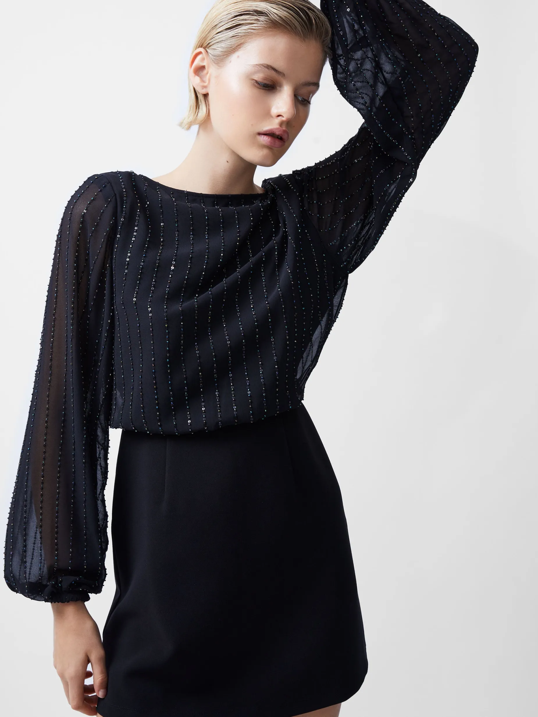 French Connection Dresses|Mini Dresses-Effy Sequin Slash Neck Long Sleeve Dress