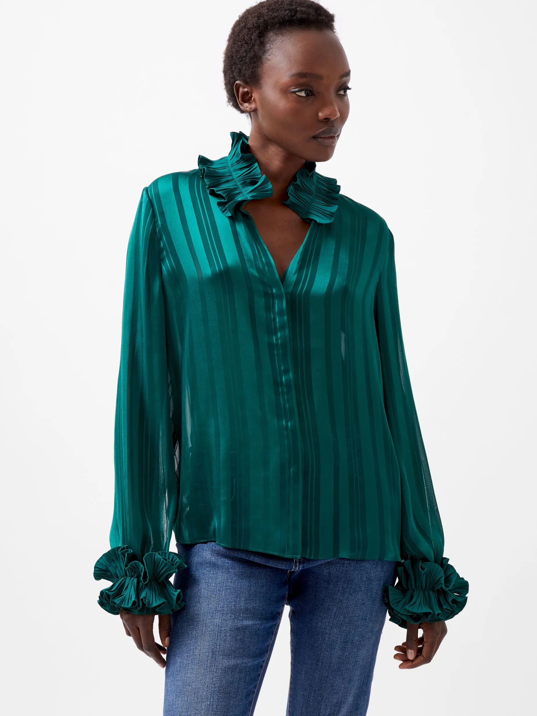 French Connection Tops|Shirts-Hannielie Ruffle Neck Long Sleeve Shirt