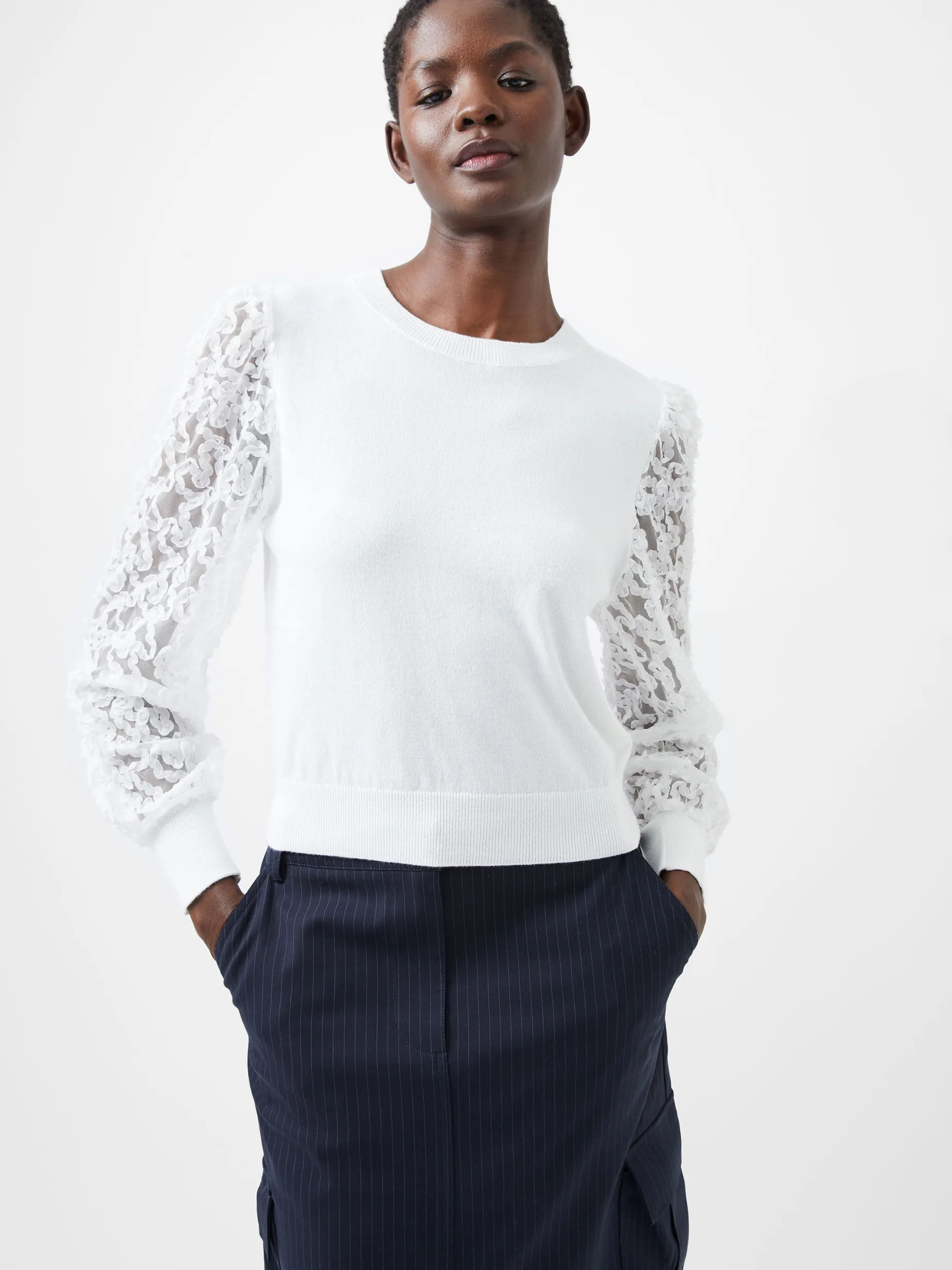 French Connection Jumpers & Cardigans-Luvy Embroidered Mesh Sleeve Jumper