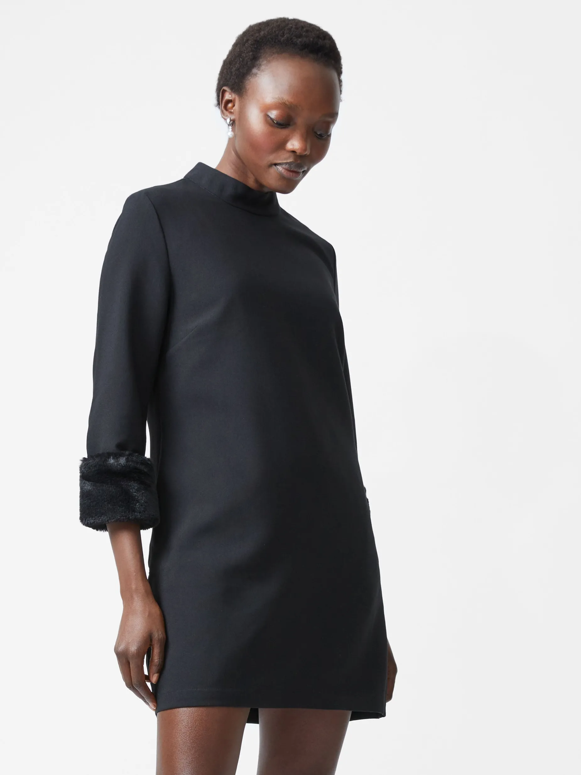 French Connection Party Dresses-Luxe Faux Fur Three Quarter Sleeve Cuffs Mini Dress