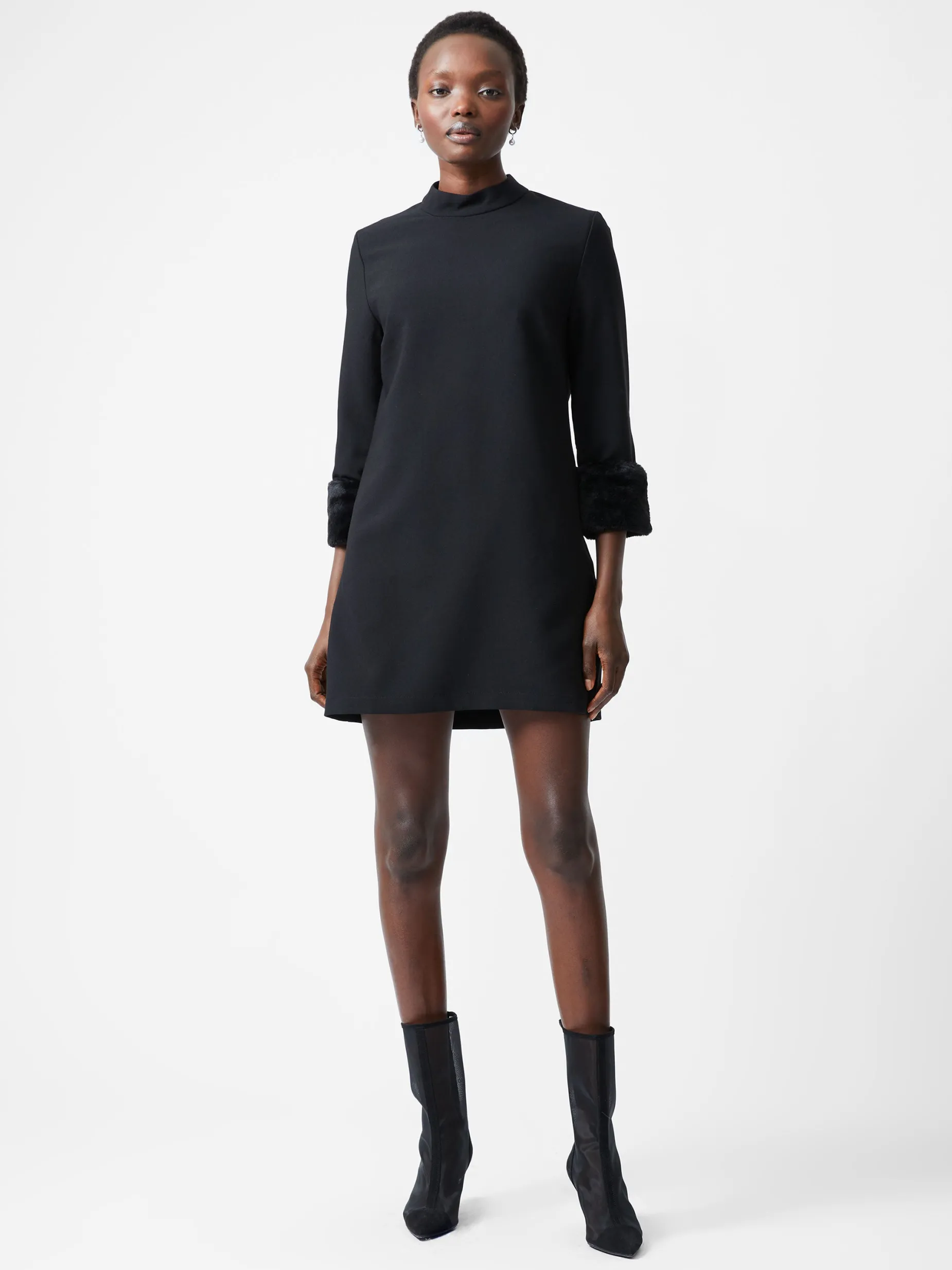French Connection Party Dresses-Luxe Faux Fur Three Quarter Sleeve Cuffs Mini Dress