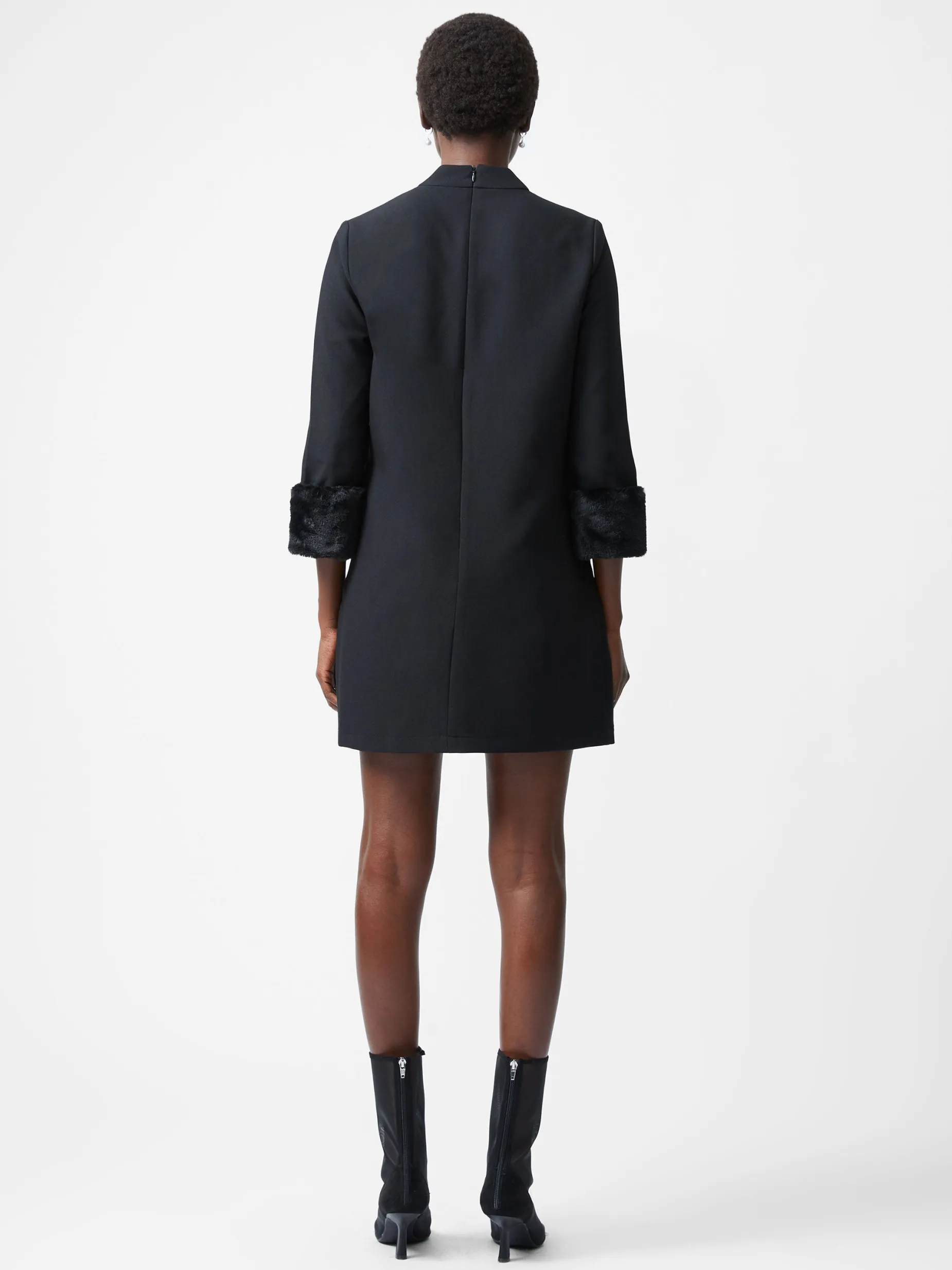 French Connection Party Dresses-Luxe Faux Fur Three Quarter Sleeve Cuffs Mini Dress